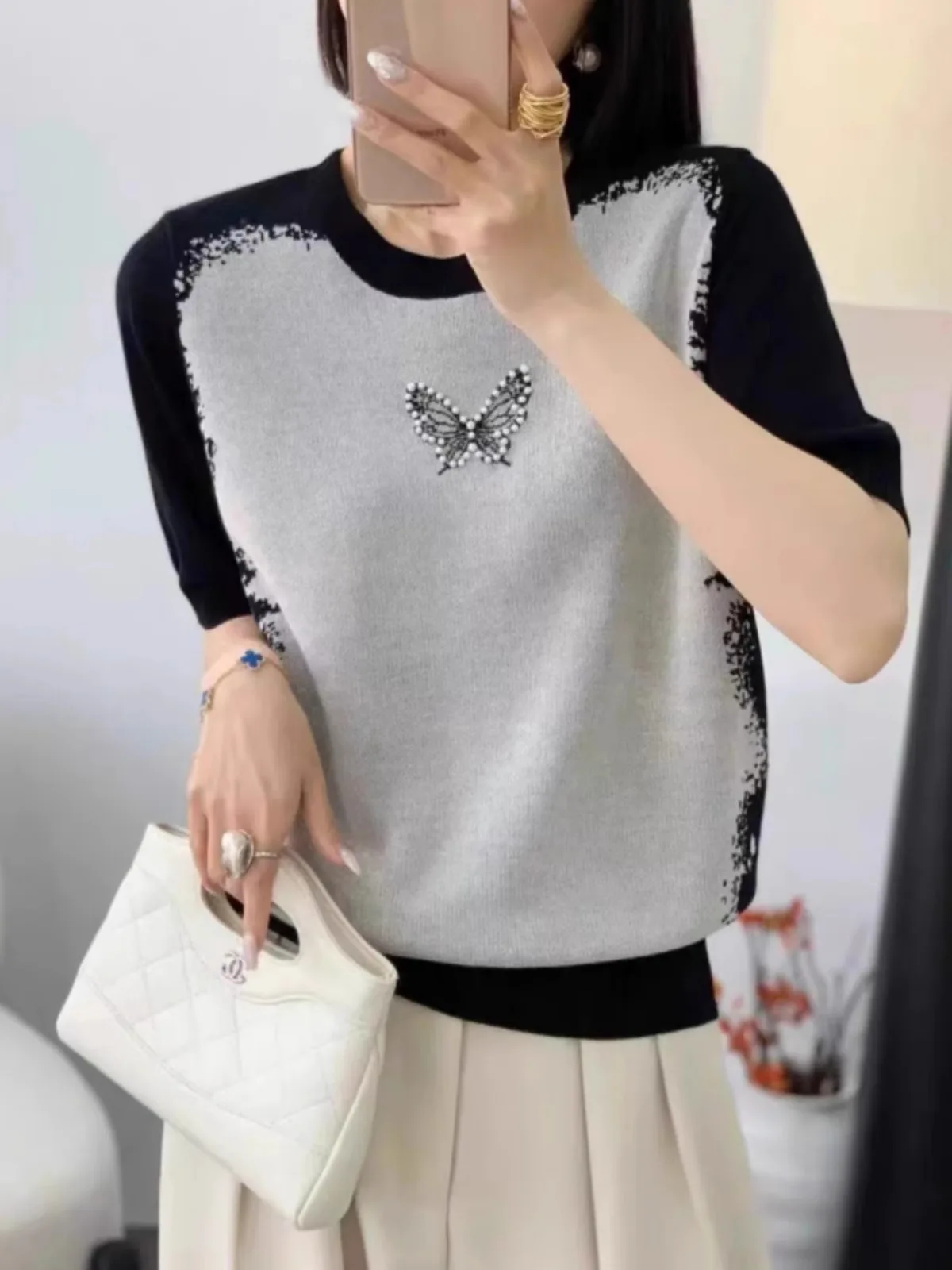 Fashion ink painting color pearl butterfly round neck ice silk knit short sleeve women's summer thin half sleeve loose T-shirt