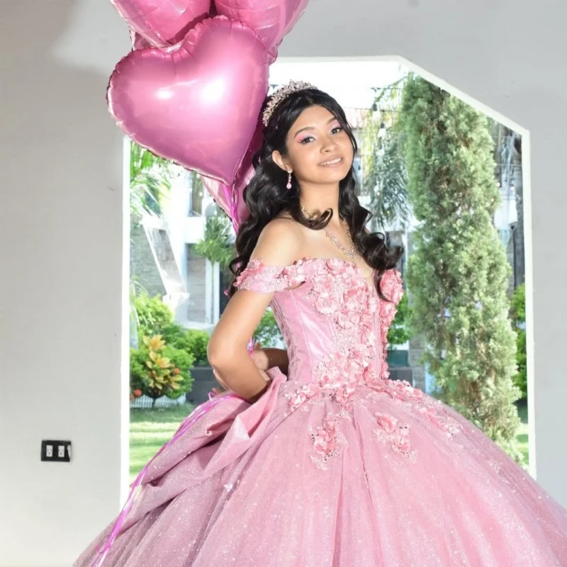 

Shiny Pink Quinceanera Dress applique Tull Ball Gown decal Long tail 3D flower Bow vestidos de 15 quinceañera Customized