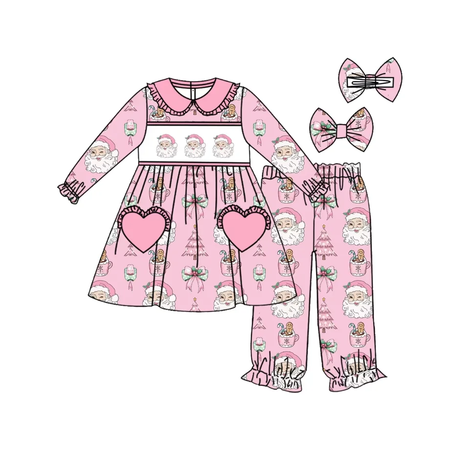 

Wholesale Kid Pjs Christmas Outfits Ruffles Girls Pink Santa Claus Pajamas Set Kids Candy Pyjamas Clothing