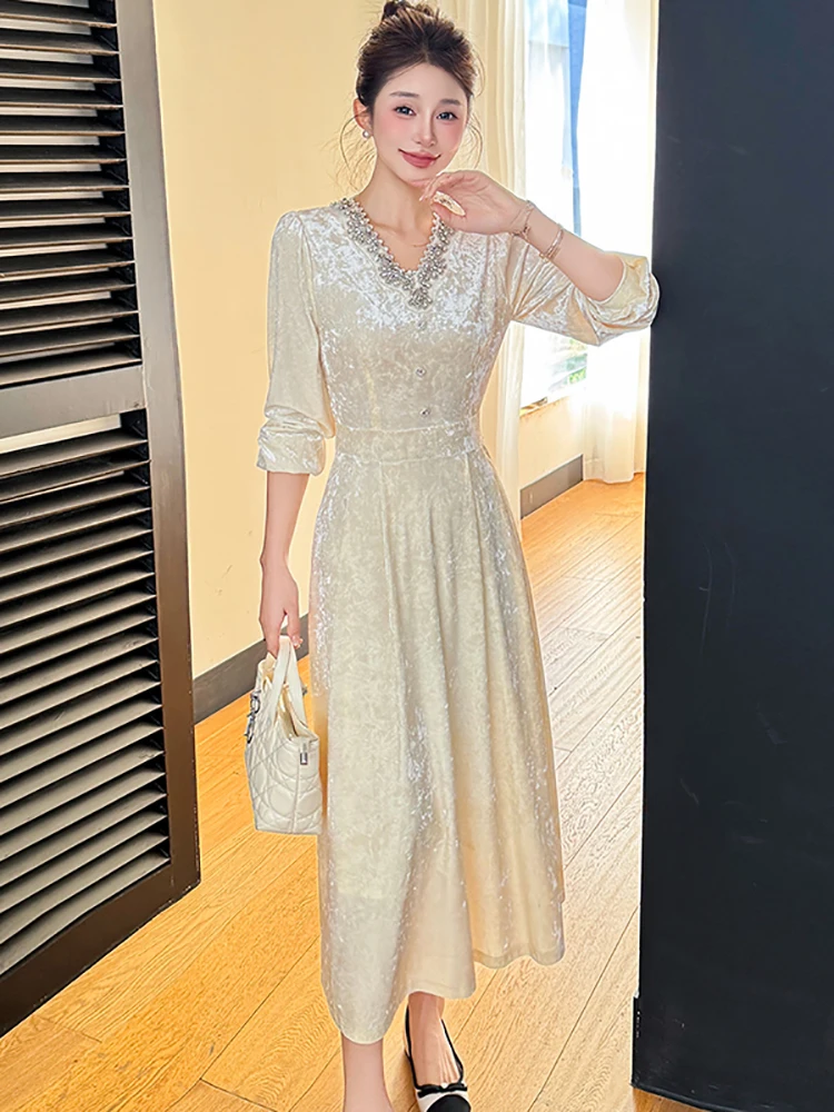 

Осеннее-зимнее черное бархатное платье с V-образным вырезом и стразами, сексуальное длинное платье 2026, элегантное облегающее праздничное платье, женское корейское винтажное платье для вечеринок