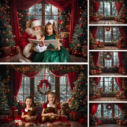 Christmas Photography Backdrops Winter Window Red Curtains Gift Baby Kids Family Portrait Decorative Background Photocall Props