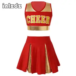 Kids School Girls Cheerleading Team Uniform Sleeveless Crop Tops with Pleated Skirt Set for High School Musical Fancy Dress Up