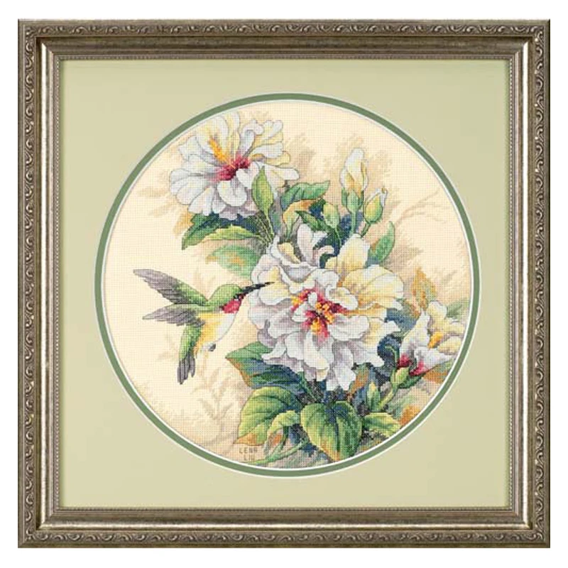 Amishop Counted Cross Stitch Kit, Hibiscus Duo, Hummingbird, Bird and Flower Flowers, Dim 35156, Top Quality