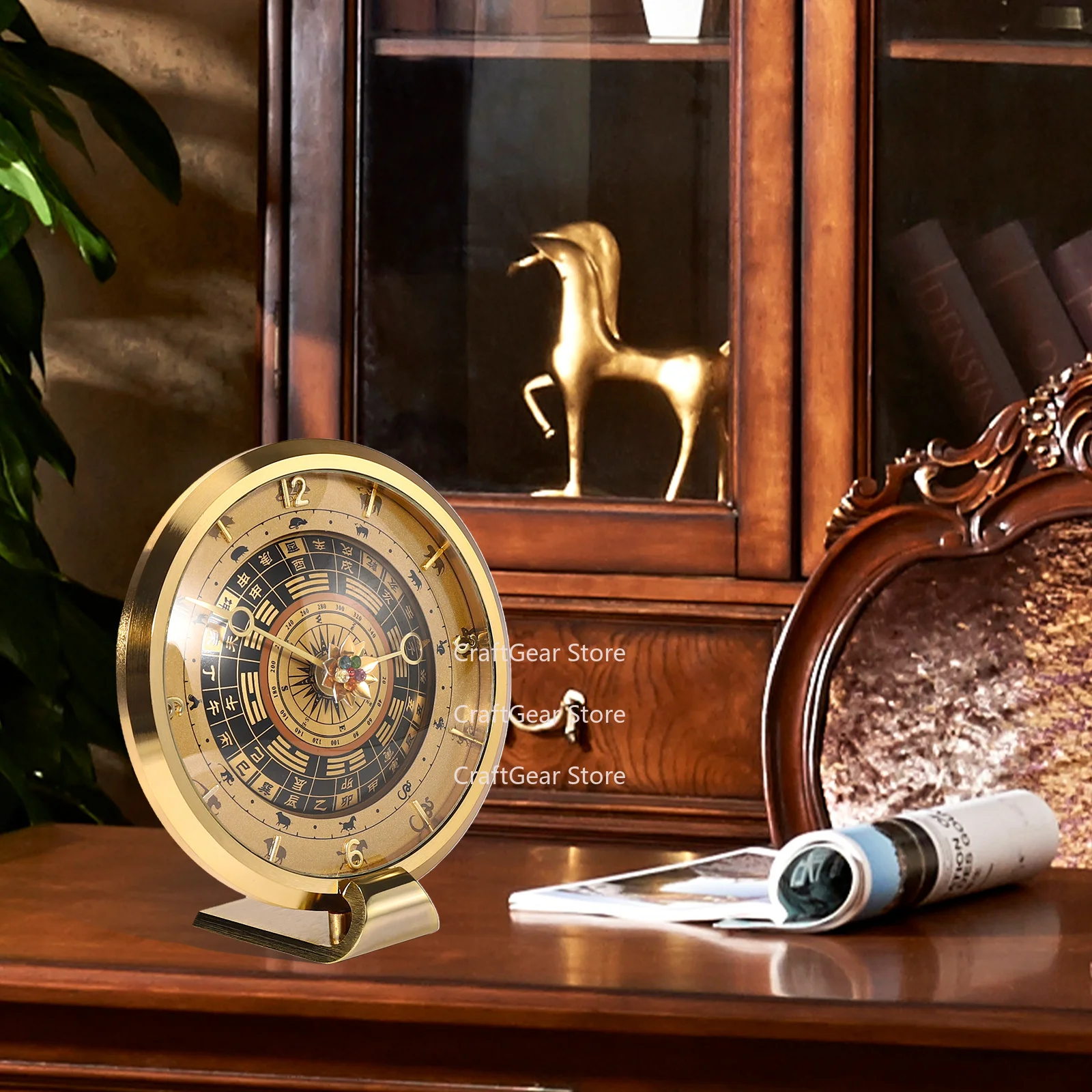 luxury European mid-century mantel zodiac 18k gold-plated brass electroplated quartz  clock radio