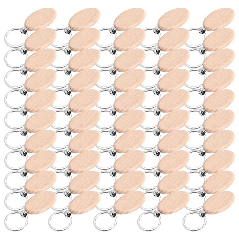 Customer Favorite 50PCS Wooden Keychain Oval Wood Engraving Blanks Unfinished Wooden Key Ring Key Tag For DIY Gift Crafts (Oval)