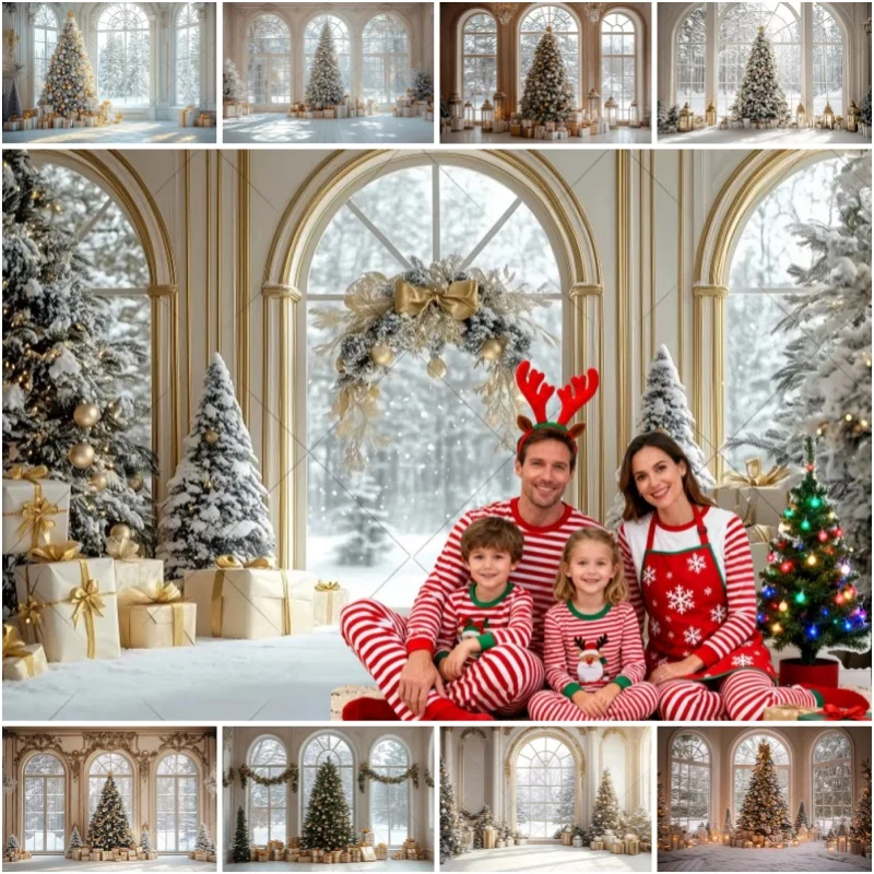 White Christmas Palace Window Photography Background Xmas Tree Lanterns Snowy Scenery Backdrop Decor Wedding Party Photo Studio