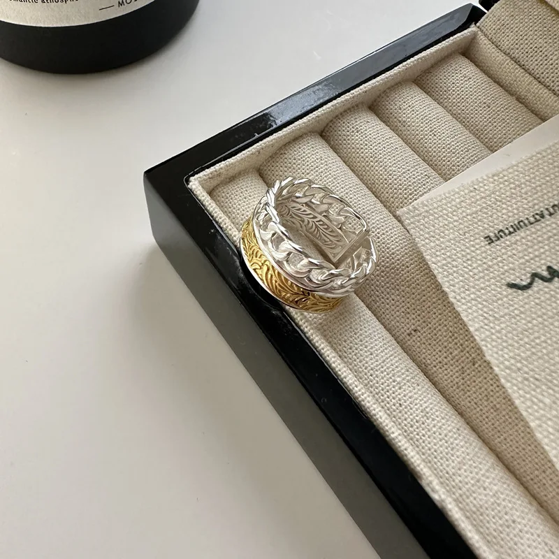

S925 Sterling Silver Korean Style Fashion Ring Simple Strap with Gold Silver Contrast Wholesale for Weddings
