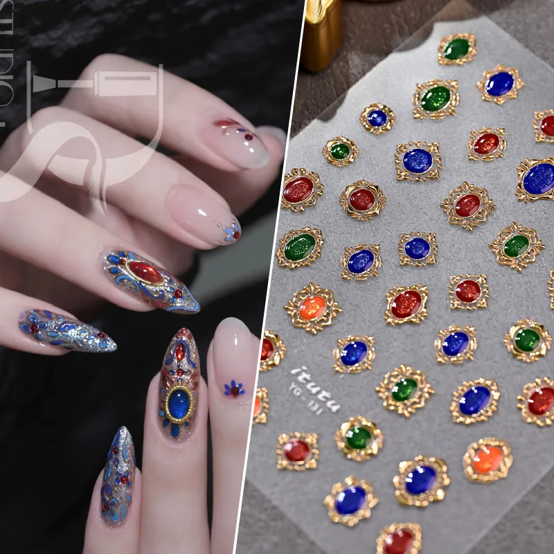 5D Embossed Vintage Palace Gem Nail Stickers Gold Foil Edged Crystal Charms Luxury Nail Art Decals for Elegant Chic Manicure