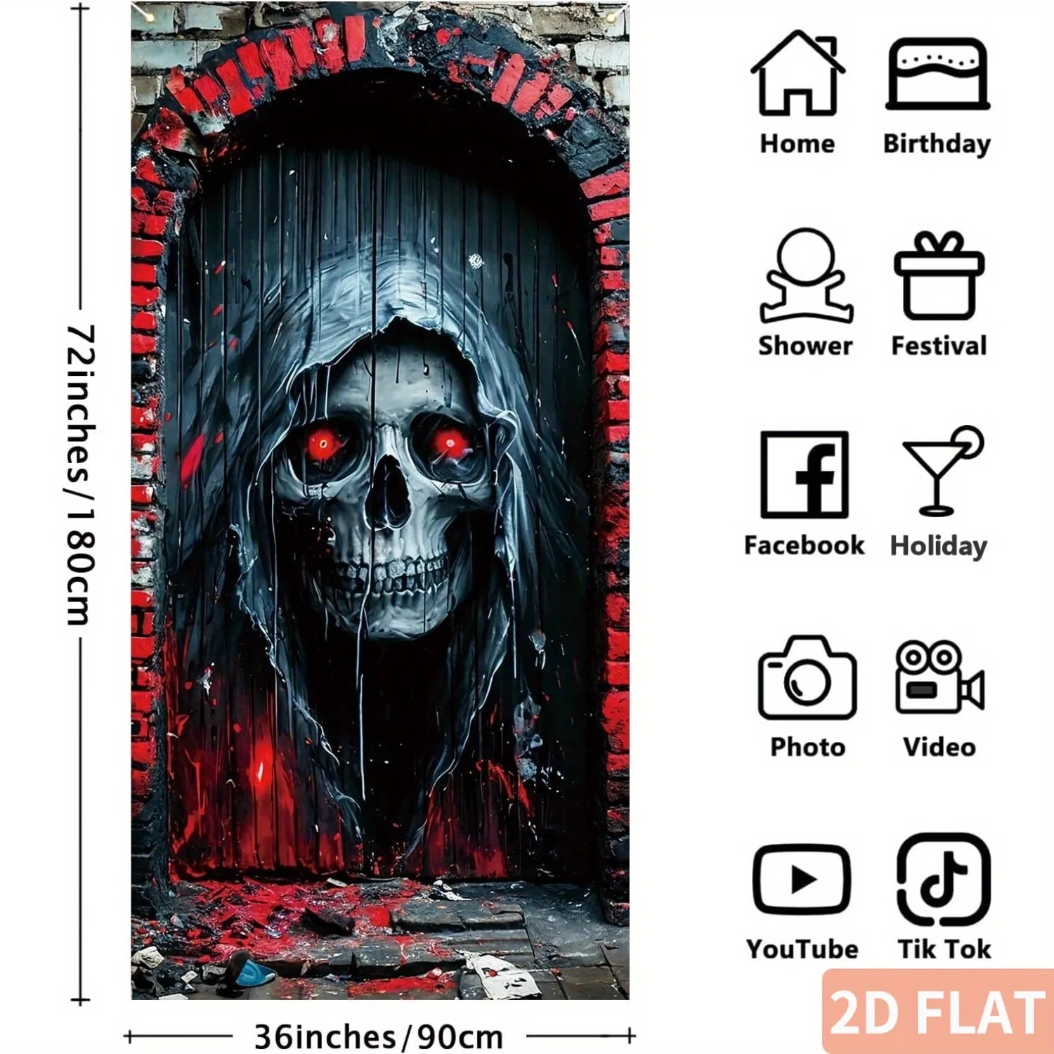 2d flat skeleton skull Outdoor Flag, Halloween Door Cover, Scary Horror Party Horror Movie Skulls Front Porch Sign Banner