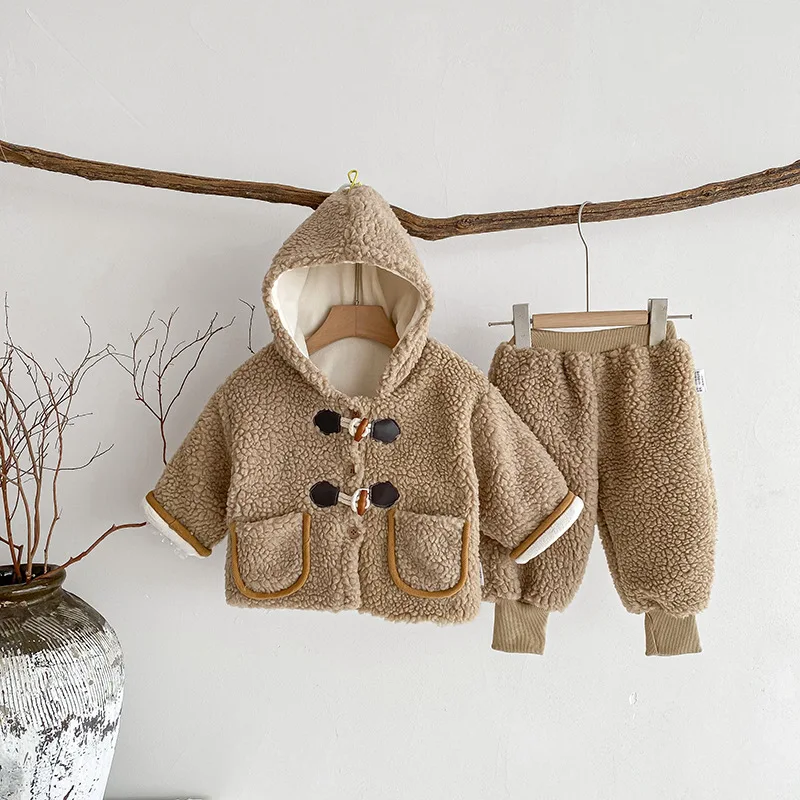 

Soft Lamb Wool Set For Children Autumn Winter Kids Warm Hooded Cardigan Cotton Coat Thick Solid Pants Outfit Baby Outing Clothes