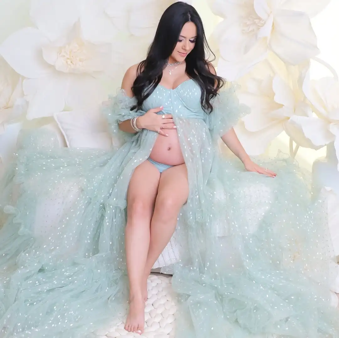 Abiti premaman in rete glitterata Abiti premaman in tulle con scollo a cuore senza spalline Abito fotografico per gravidanza con spacco frontale trasparente