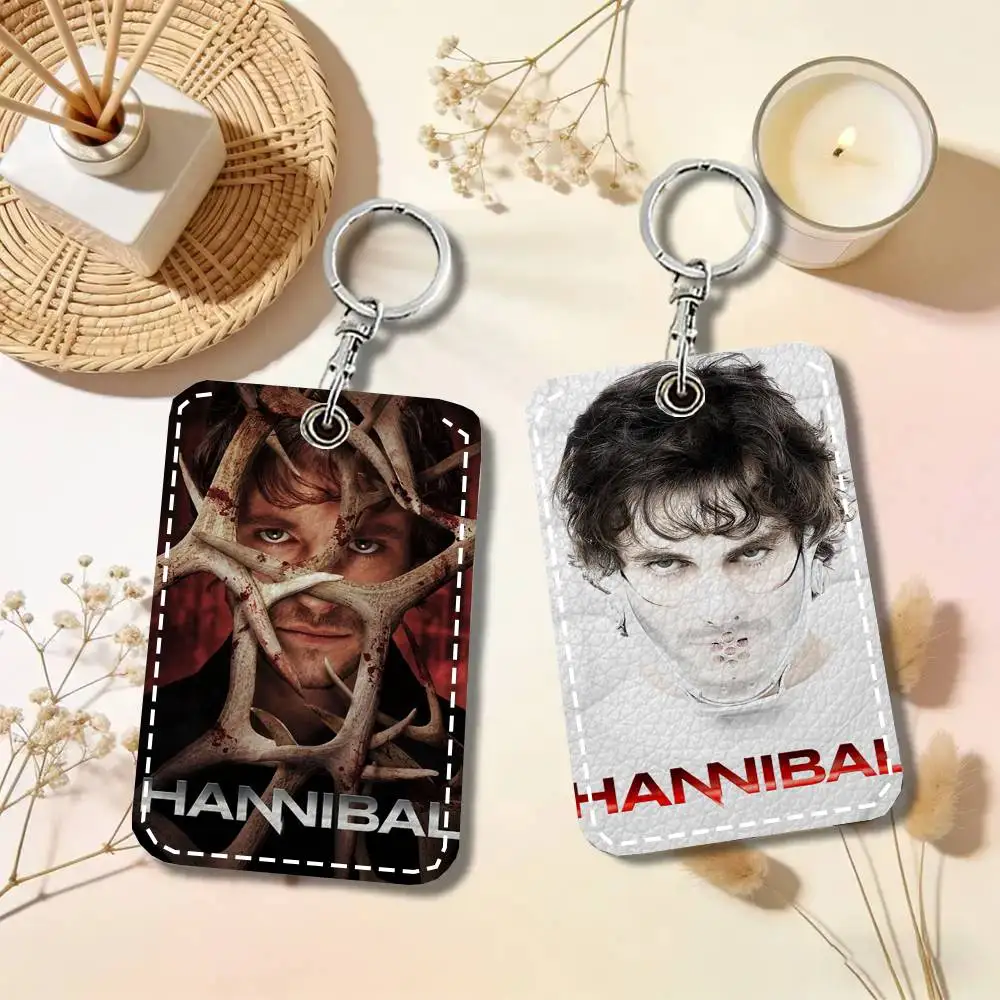 Horror TV Series Hannibal Card Case Keychain Access Card Bag Key Tag Ring Leather Card Holder Key Ring Access
