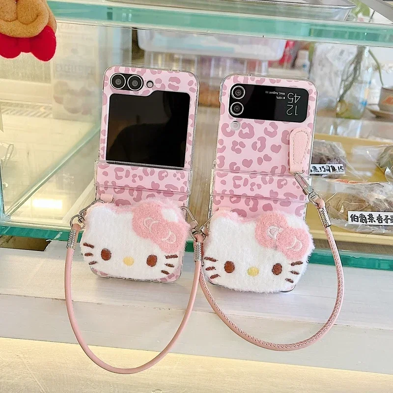 3D Cute Cartoon Sanrio Hello Kitty Leopard Print Furry Plush Phone Case For Samsung Galaxy Z Flip 6 5 4 3 Cover With Lanyard