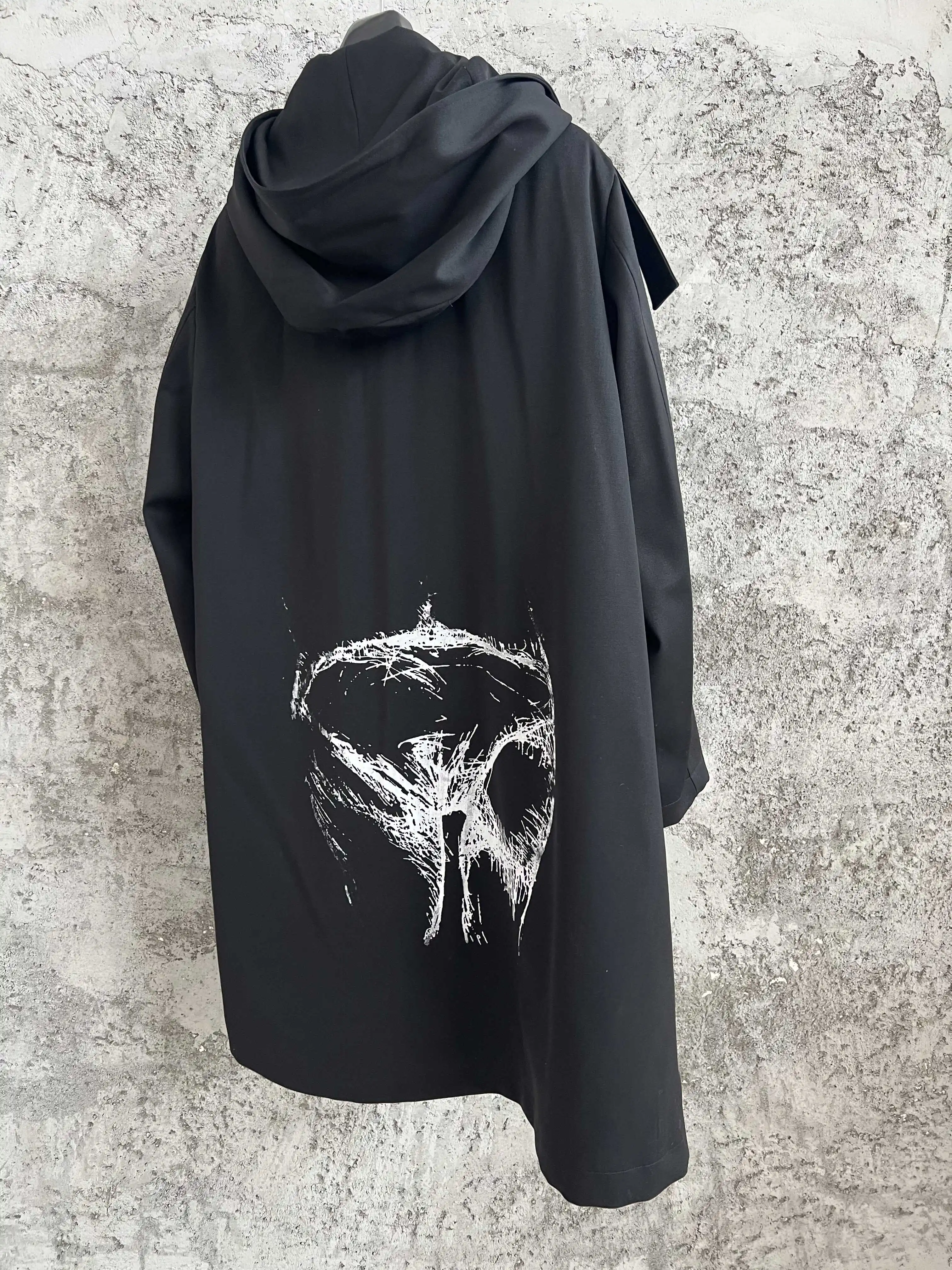 TOP-YAMAMOTO printed wool hooded coat, mid-length windbreaker silhouette coat
