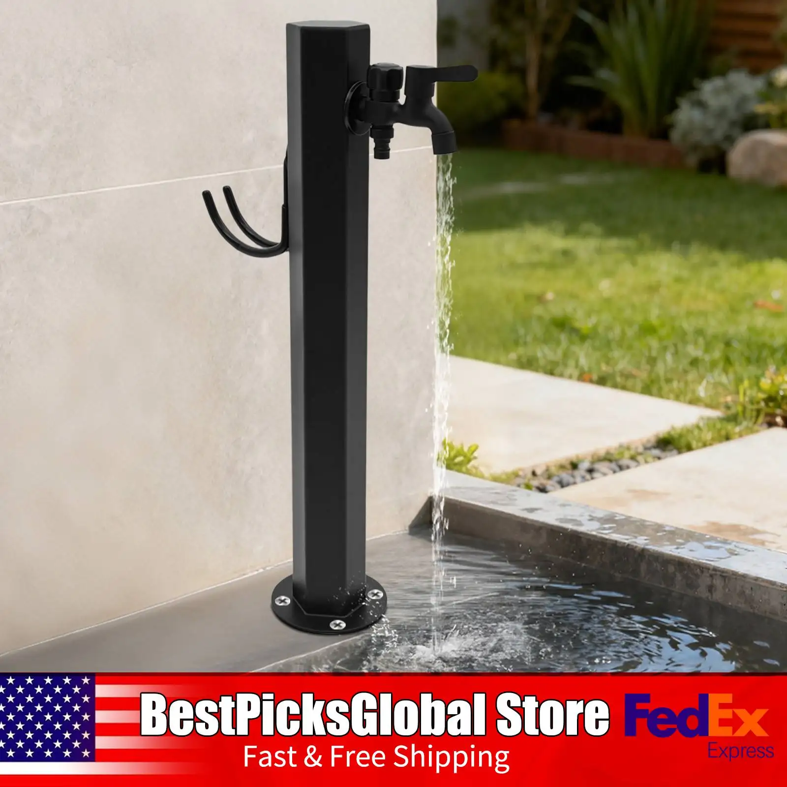 

20.87in Height Vertical Water Column Faucet with Hose Rack&2 Switches, Floor Mount Column Faucet for Outdoor Garden