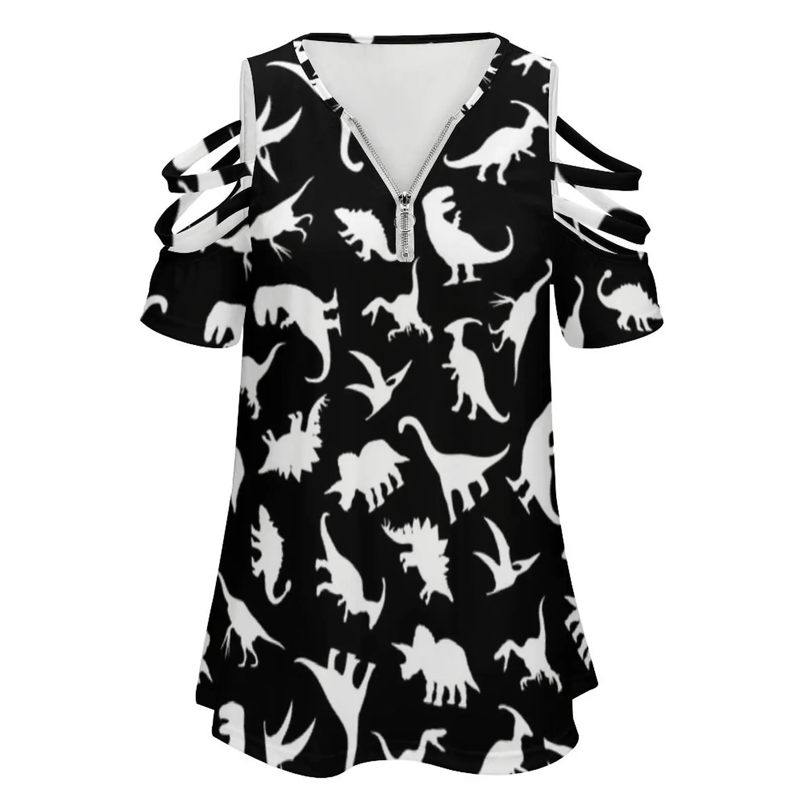 Fun Dinosaur Pattern ( White On Black ) Women Zipper Sexy Printed Vintage T Shirts Tops Full Print T-Shirt Dino Dinos Dinosaurs