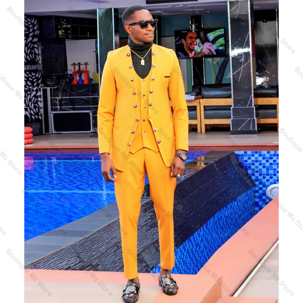 

Yellow Men Suit Double-breasted Peak Lapel 3 Pieces(Jacket+Pants+Vest) Male Formal Wedding Party Set