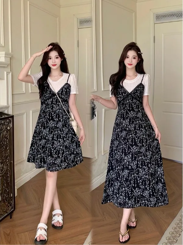

plus Size Women's Sweet Floral Print Halter Dress A-Line Skirt Waist Cinching Summer New Style Korean Style Commute Wind