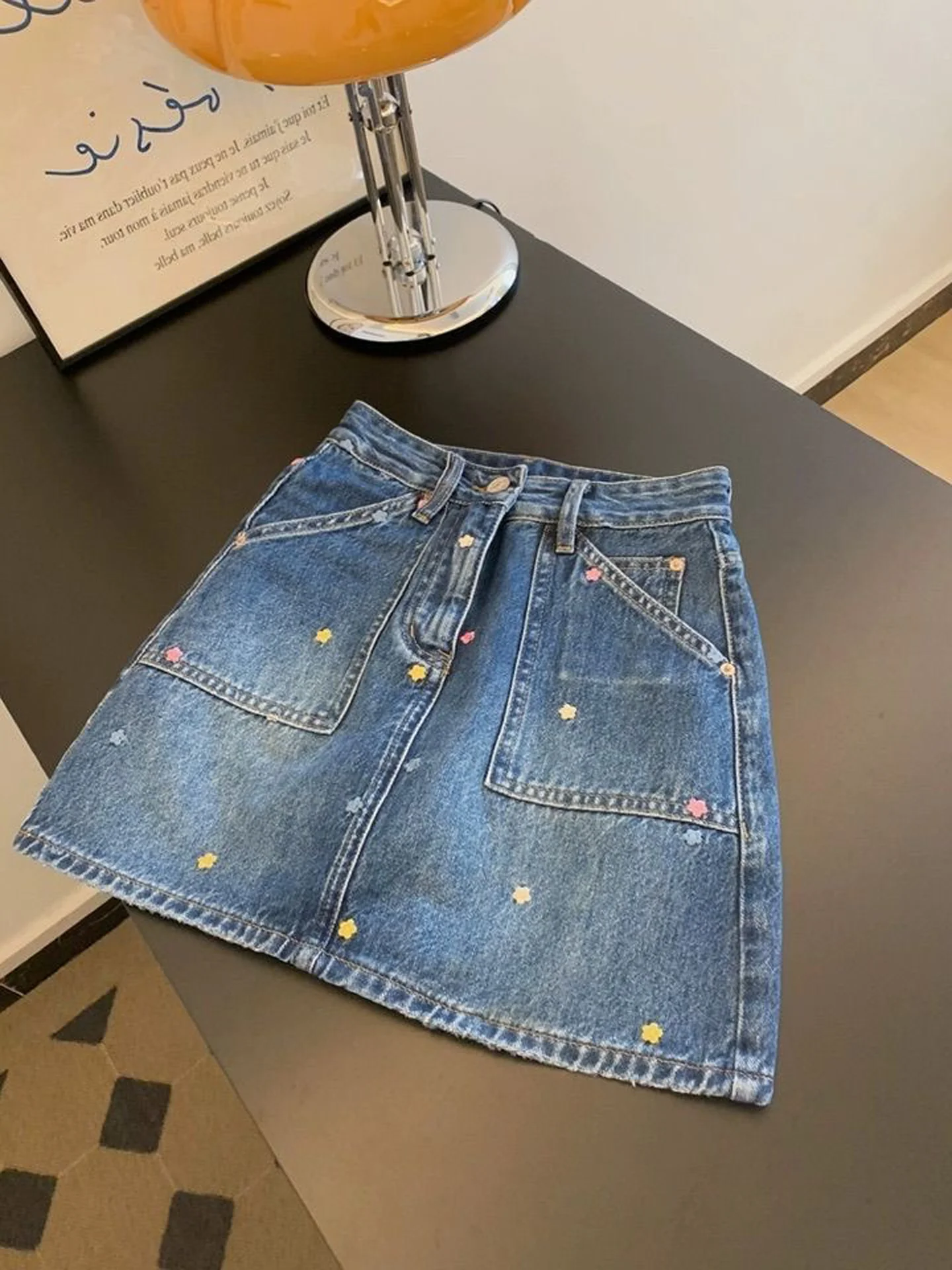 Elegant Blue Embroidered Star Design Denim  Skirt Women's High Waist A-Line Skirt Casual Style Half-length Skirt