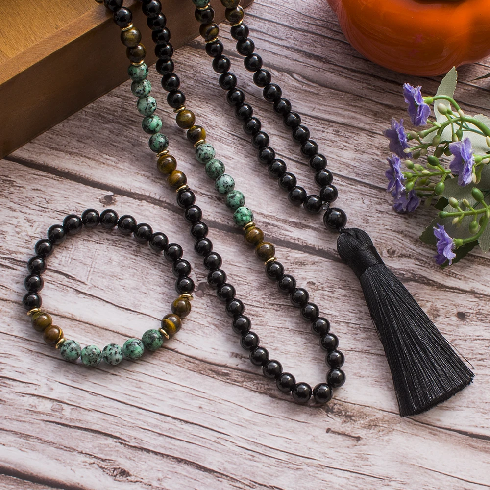 8mm African Turquoise Black Onyx Tiger Eye Beaded 108 Mala Prayer Necklace Meditation Jewelry Japamala Set for Men and Women view 5