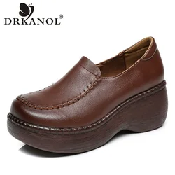 DRKANOL New Spring Women Loafers Genuine Cow Leather Slip-On Platform Casual Shoes Women Wedges Heel Retro Style Handmade Shoes