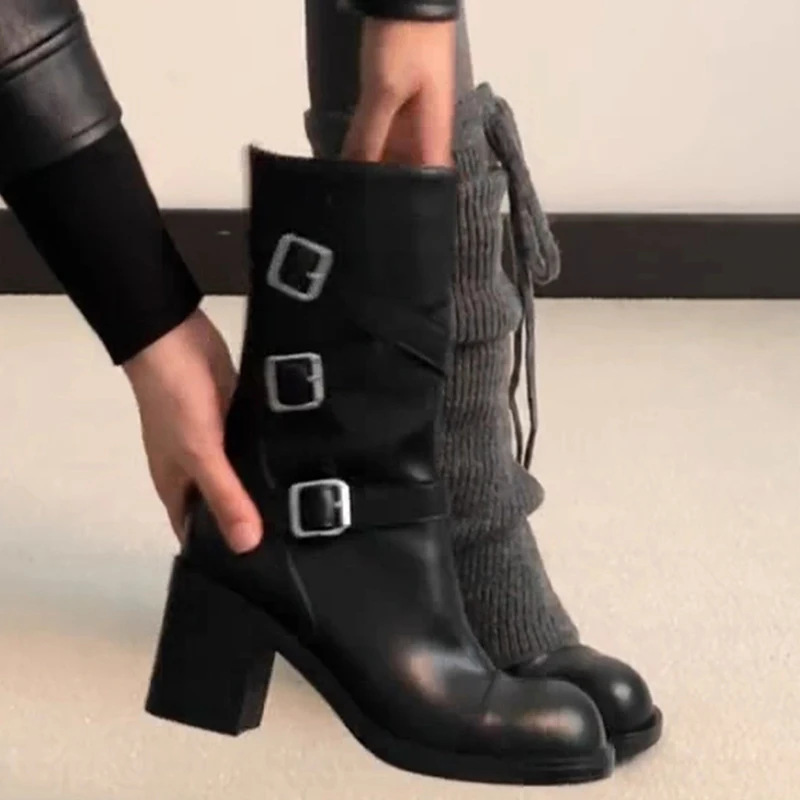 Designer High Heels Women's Boots Elegant Leather Shoes Woman 2025 Winter Warm Fur Snow Boots Chunky Shoes Buckle Ankle Botas