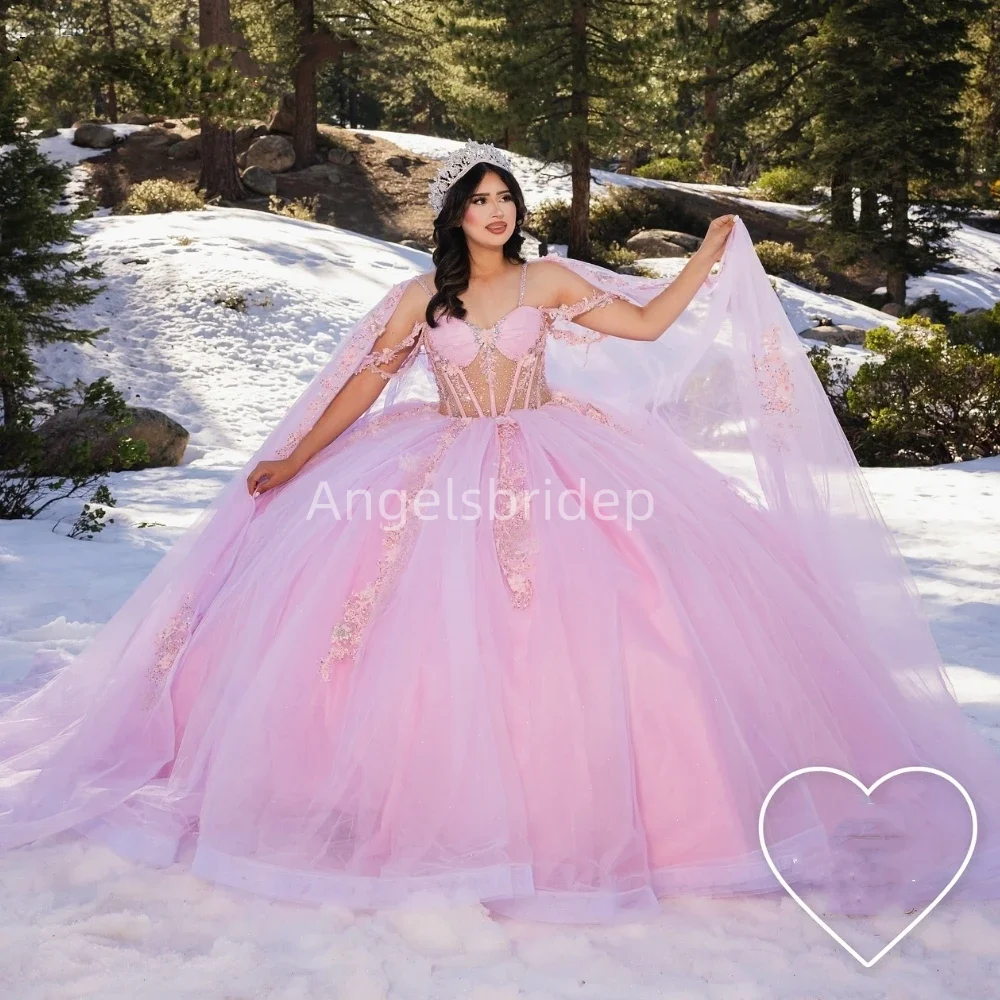 Angelsbridep Customized Romantic Princess Pink Ball Gown 15 Year Quinceanera Dress With Cape Evening Dresses Vestidos De Fiesta