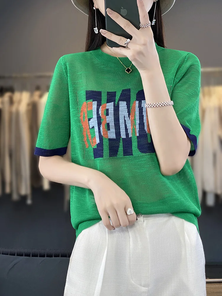 

Summer New Bamboo Hemp T-shirt Women's Round Neck Middle Sleeve Cool and Breathable Knitted Thin Top Loose Outwear