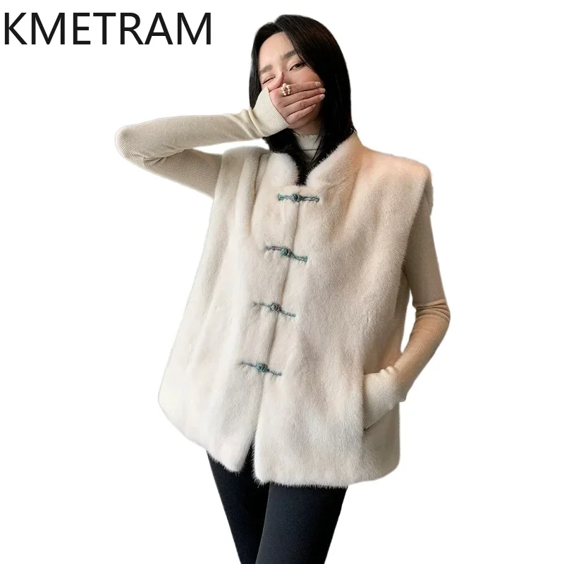 KMETRAM Natural Velvet Mink Fur Vest Women Chinese Style Whole Mink Fur Jacket Sleeveless Real Fur Coat Woman Clothing 52cm 2026