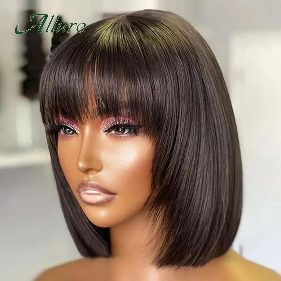 

Brazilian Human Hair Wig With Bangs Straight Hair Short Bob Wigs for Women Natural Black Color Hair Full Machine Made Wig Allure