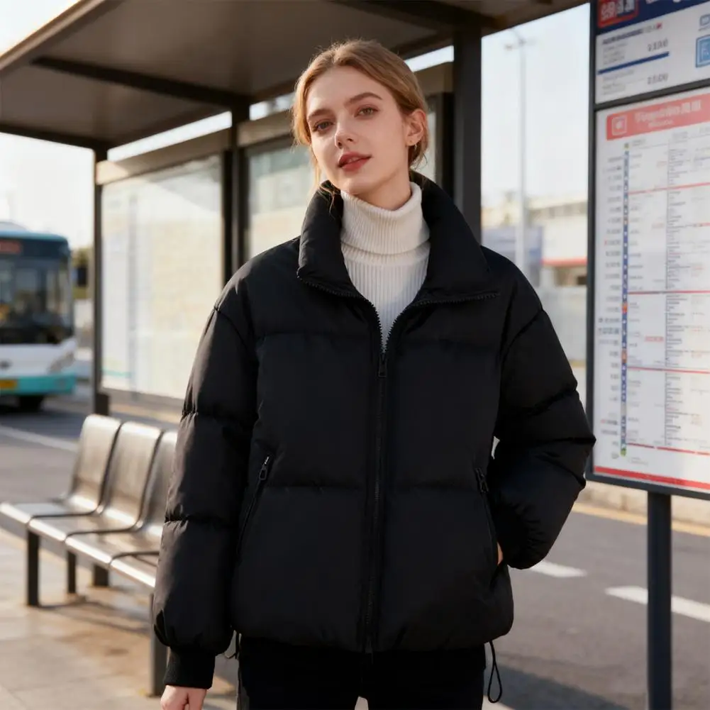 Women Solid Color Cotton Jacket Women’s Quilted Puffer Jacket with Padded Down Insulation Baggy Zip-up Coat Thick Warm Winter
