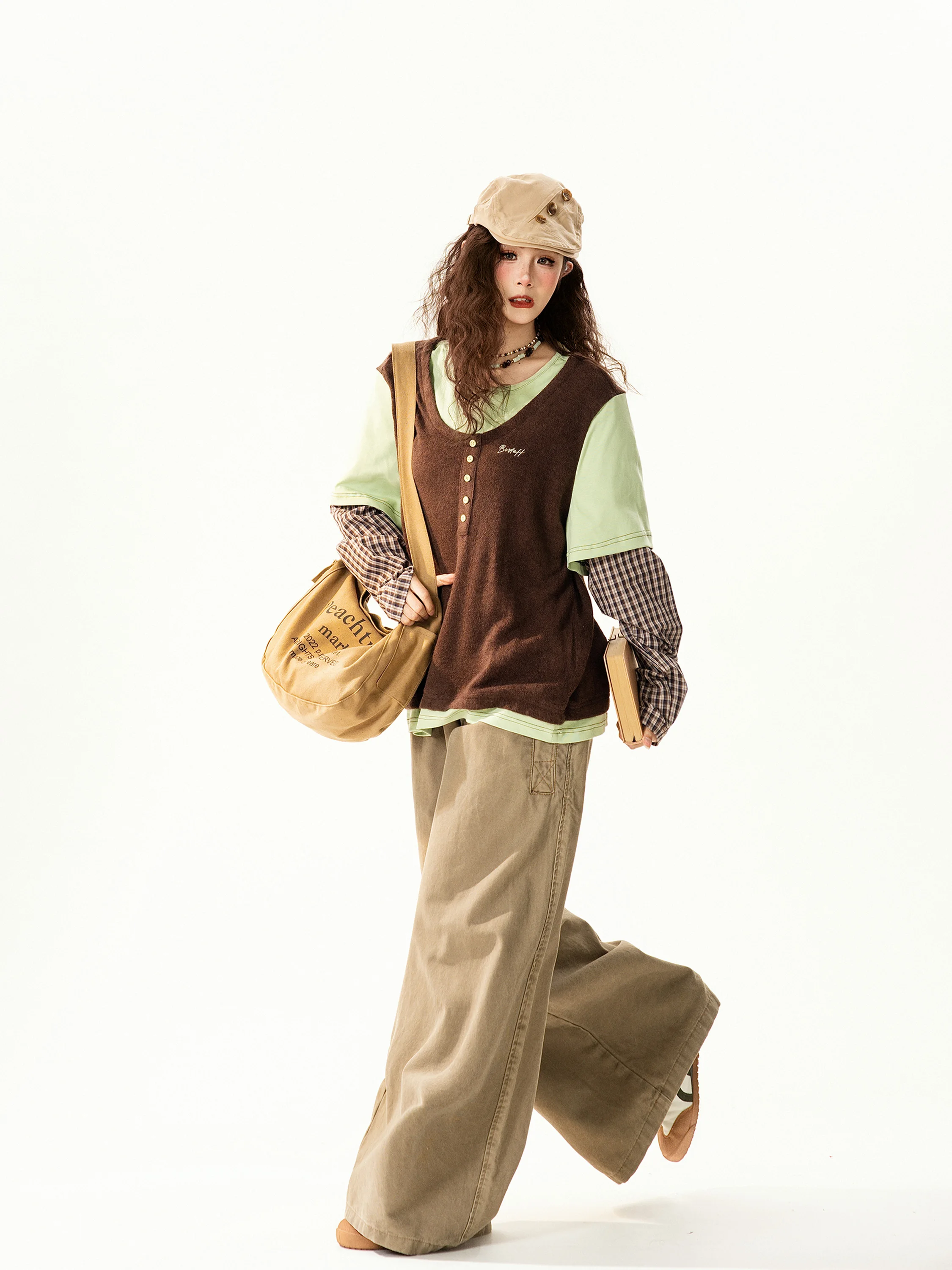 

Ретро-свитшот в американском стиле с клетчатыми вставками, имитация двухслойного дизайна, свободный крой, универсальный, модный, уличный стиль, повседневный топ