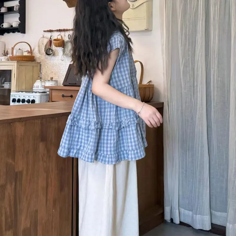 Fashionable Plaid Temperament Blouse Women's Clothing Loose Casual Versatile Summer Korean Round Neck Chic Folds Spliced Shirts