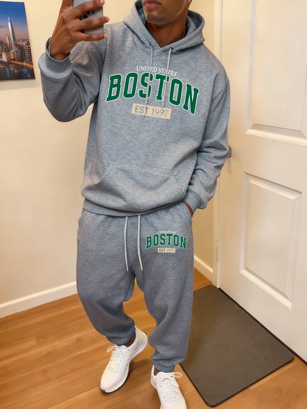 2 قطعة مجموعة هوديي رجالي بوسطن رسالة Est 1997 الطباعة Sweatpants رياضي فضفاض الصوف الدافئة البلوز السراويل الخريف جيب الملابس