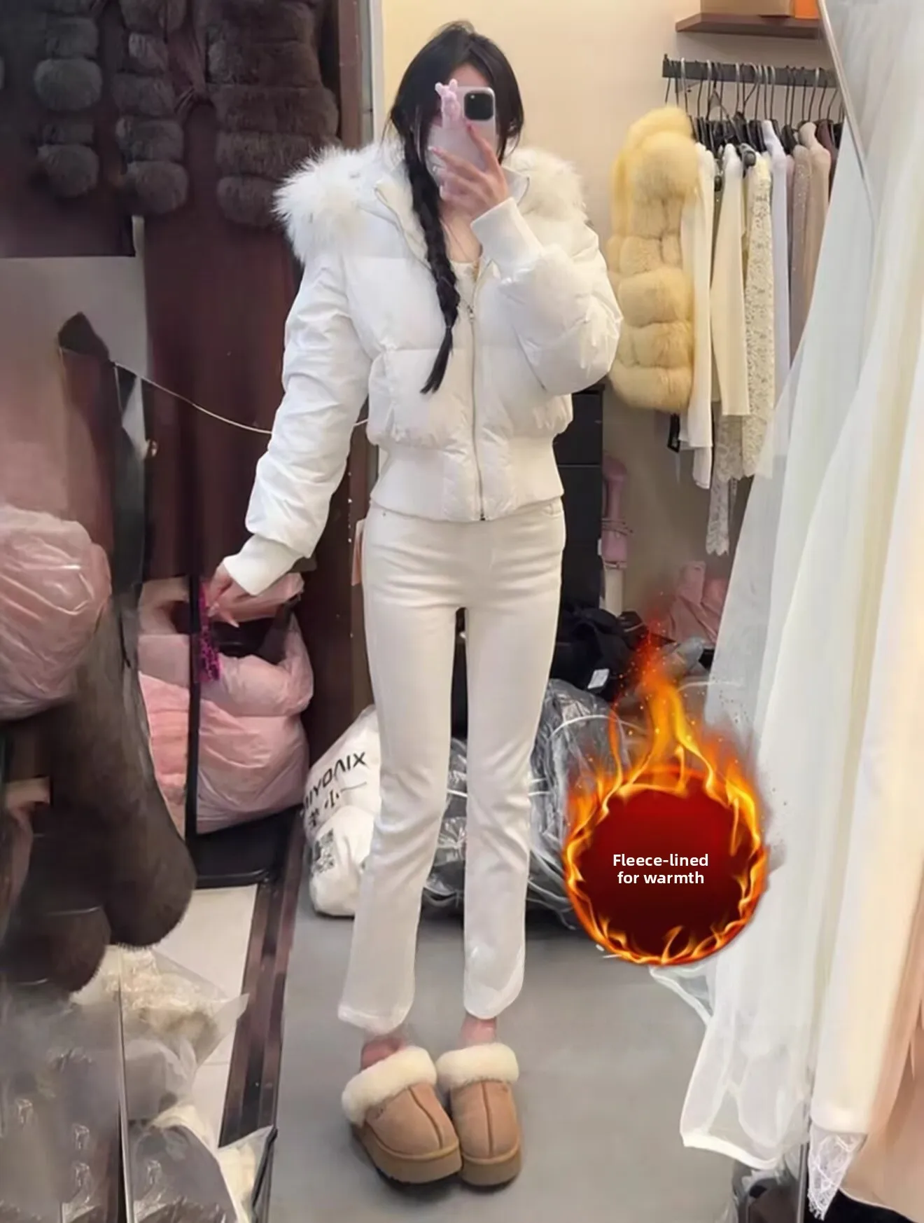 

Thiened Fce High Waist Straight Leg Jeans Women's Slimming Leggings Autumn Winter White Cotton Stretch Denim Pants