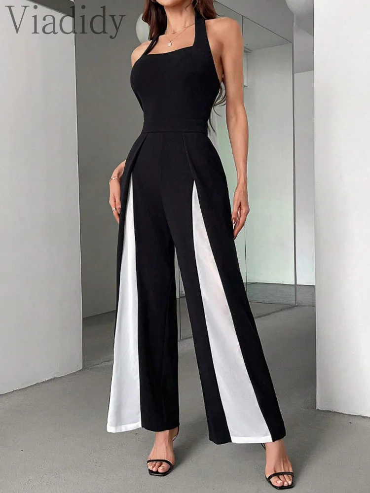 

Women's Sexy Colorblock Halter Sleeveless Backless Straight Leg Jumpsuits Rompers