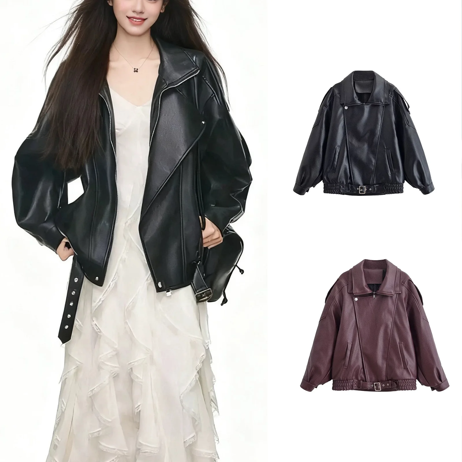 

HH Women's Autumn Vintage Faux Leather Cropped Bomber Jackets Black Long Sleeves With Belt Zipper Pockets Street Fashion Coats