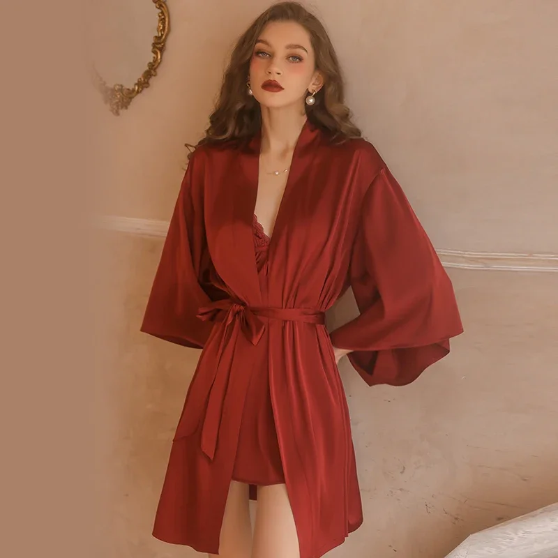 MECHCITIZ Luxury Sexy Women Silk Kimono Bathrobe Bride Bridesmaid Wedding Robe Set Lace Sleepwear Casual Home Clothes Nightwear