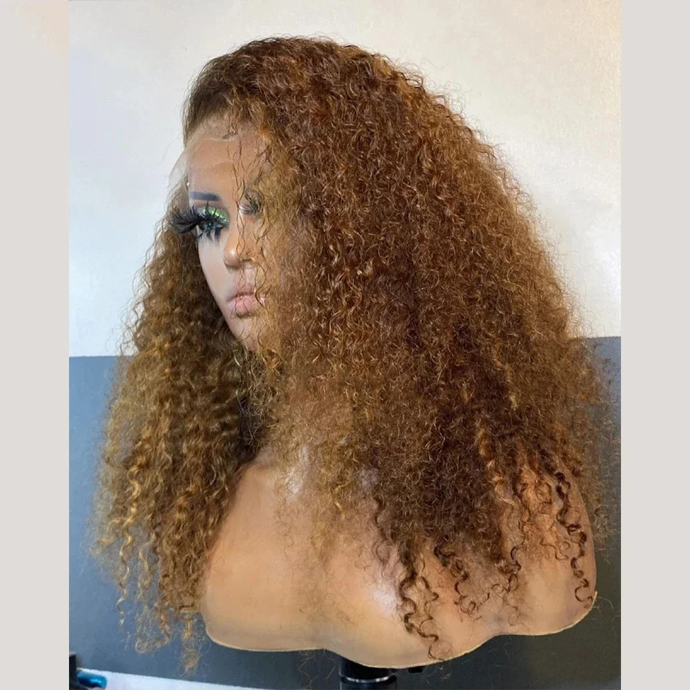 شعر مستعار ناعم بطول 26 بوصة بني 180 كثافة غريب مجعد عميق باروكات أمامية من الدانتيل للنساء مع شعر أطفال بدون صمغ مقطوف مسبقًا يوميًا