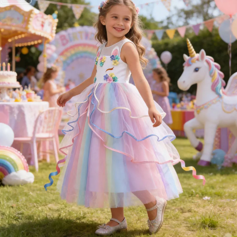 Carnival Girl Unicorn Dress Children Party Birthday Princess Costume Sleeveless Trailing Wedding Outfit Kids Girl Clothing