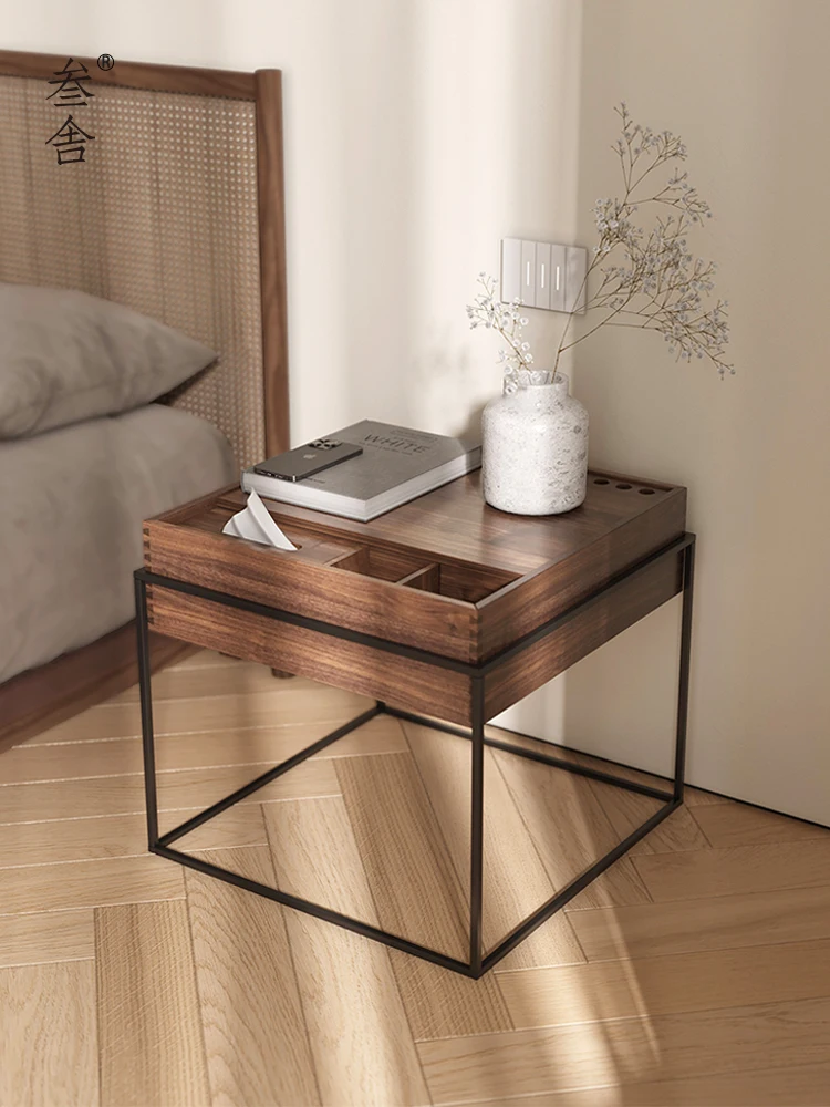 

Black Walnut Solid Wood Bedside Table Nordic Modern Simple White Oak Industrial Style Minimalist Storage Bedside Low Cabinet