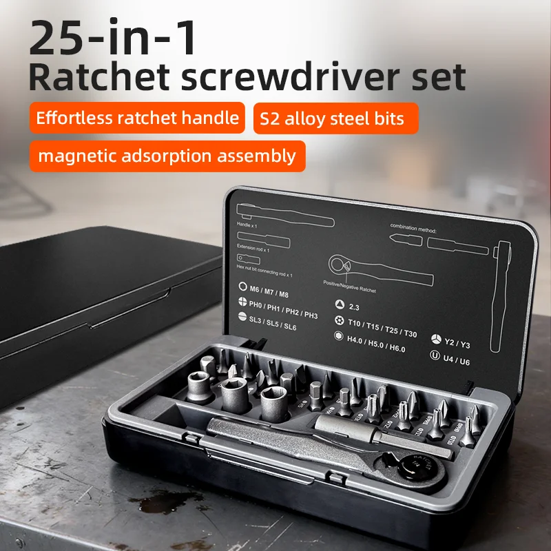 25-in-1 handmatige ratelschroevendraaierset, handgreep van aluminiumlegering, schroevendraaierbits van chroom-vanadiumstaal, voor thuis- en werkgebruik