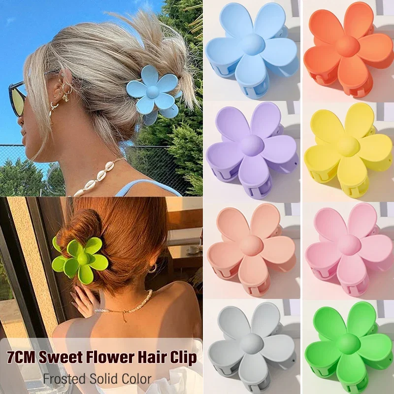 

7CM Frosted Flower Hair Claw Clip - Solid Color Shark Clip for Women Girls Hair Accessories Sweet Design