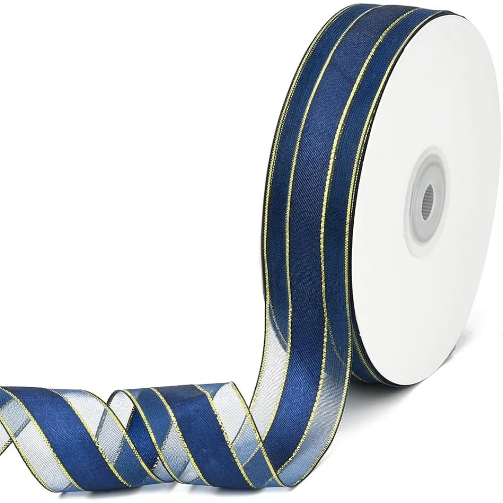 

50 ярдов, 1 дюйм, темно-синяя лента из органзы с золотым краем, прозрачная нейлоновая лента для подарочной упаковки, букеты, плетение волос, свадьба, сделай сам