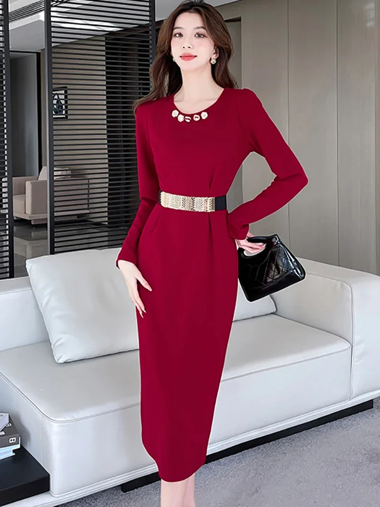 Autumn Winter Red Long Sleeve Diamonds Dress Women Fashion Bodycon Bandage Dress 2024 Korean Elegant Festival Party Night Dress