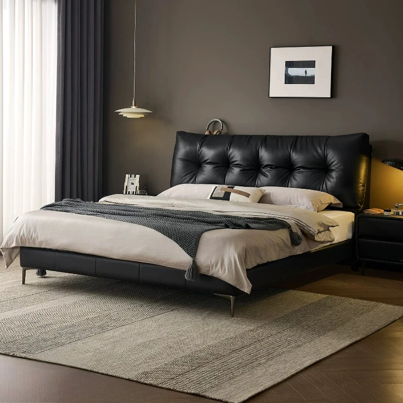 180x200cm Italian Light Luxury Master Bedroom Beds And Bed Frames Atmospheric Soft Bag Double Black Leather High Bed Furniture view 2