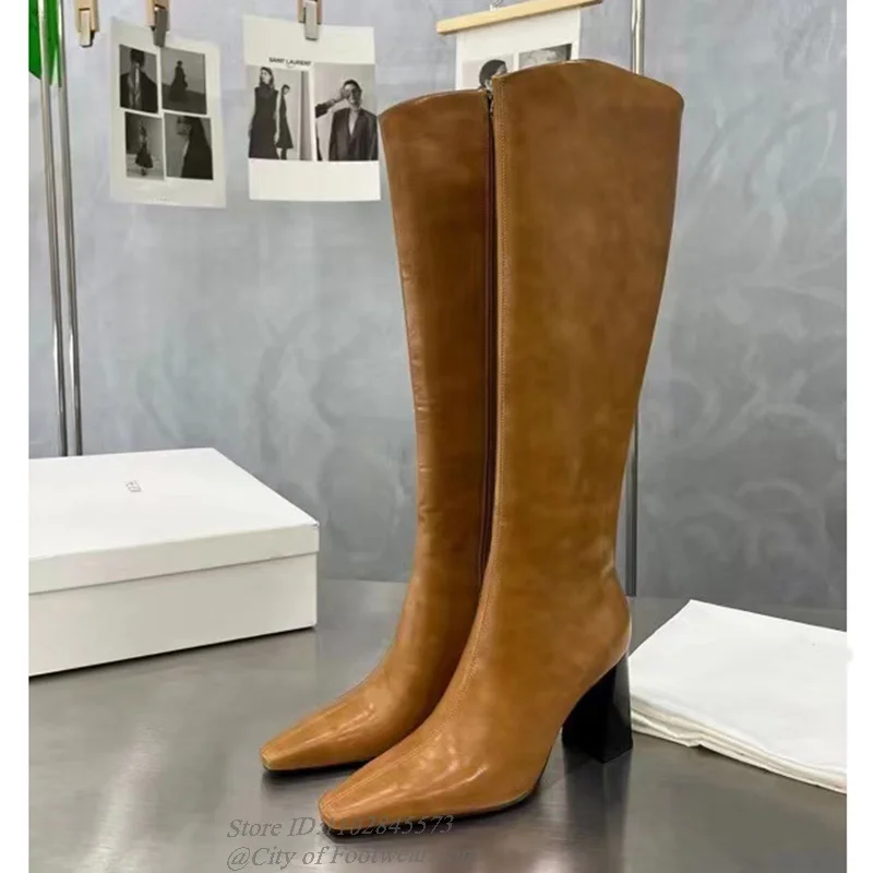 Square Toe Brown Patent Leather Knee High Boots Women's Block Heeled Zipper Long Boot Party Office Dress 2024 Designer Shoes