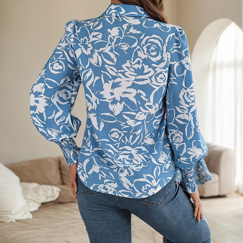 بلوزة كاجوال للشارع للنساء صيفية أنيقة بأكمام فانوس مطبوعة على شكل زهرة، بلوزات عصرية بأكمام طويلة وأزرار