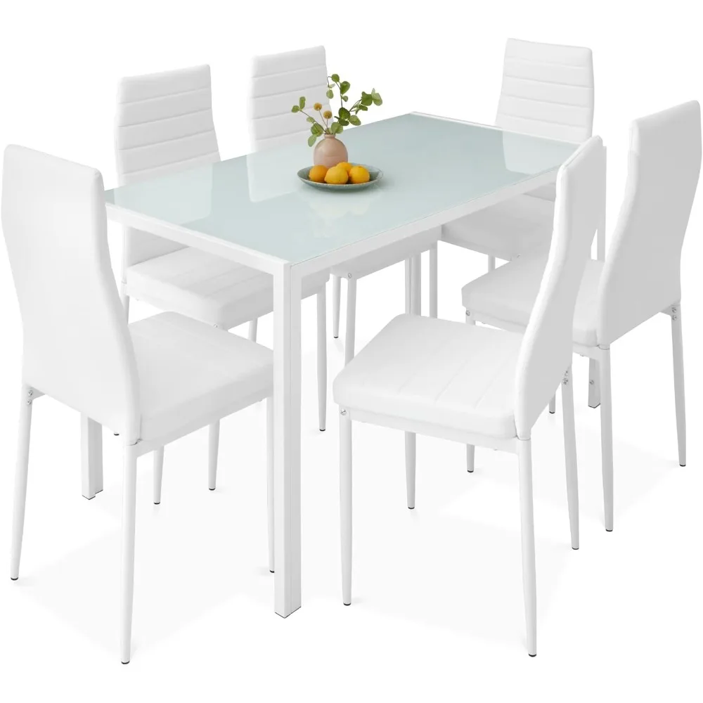 7-Piece Glass Dining Set, Modern Kitchen Table Furniture for Dining Room, Dinette, Compact Space-Saving w/Glass Tabletop