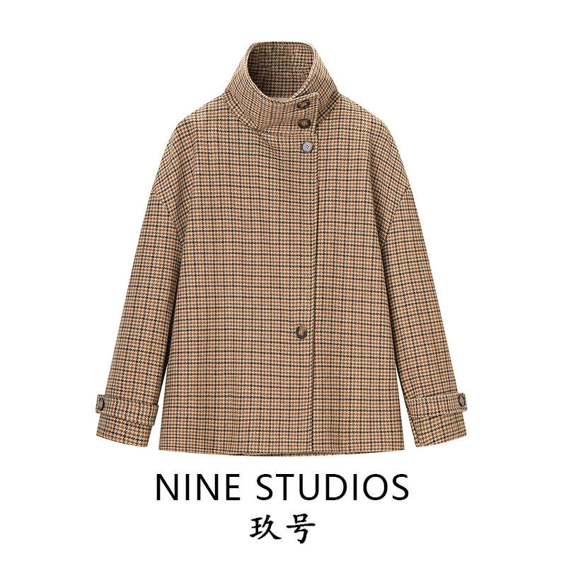 

NINE ZAR женское пальто с высоким воротником и пуговицами в клетку или Jaet, свободный топ, европейское пальто с длинным светом и воротником-стойкой